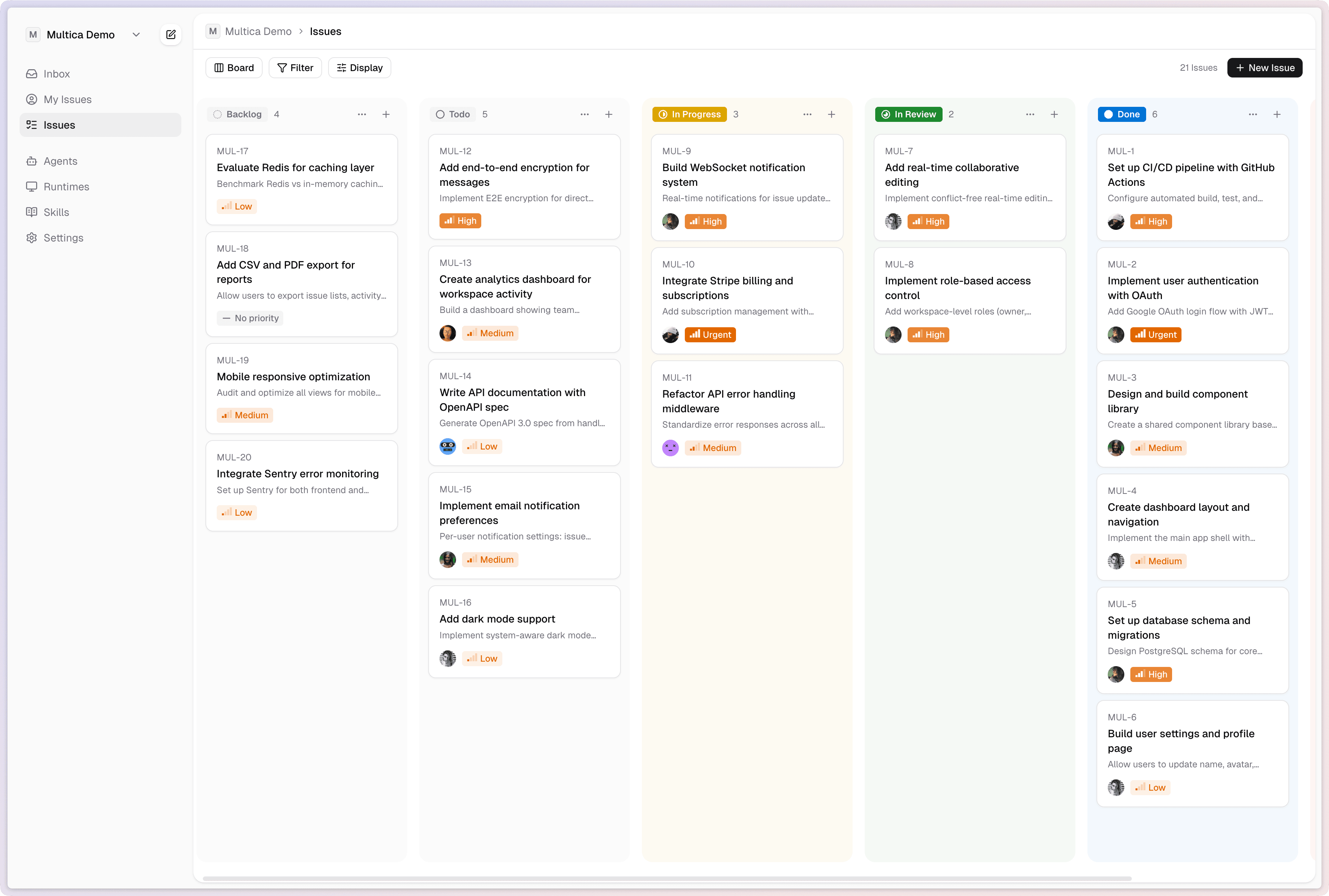 Fronta AI board view — issues managed by humans and agents